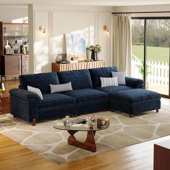 SITJOY Large Cloud Couch, 118" Wide 3 Seater L Shape, Chenille in Navy Blue | Detachable and Washable Chenille Cover Sectional Sofas for Living Room, Deep Seat Wide Couch with Chaise, Storage Ottoman