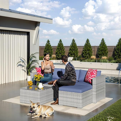 5 Piece Outdoor Patio Furniture Set, Rattan Deck Conversation Sofa Set with Non-Slip Cushions, All-Weather Sectional Sofa with Glass Storage Table and Balcony Footstool, Poolside, Garden, Gray+Blue