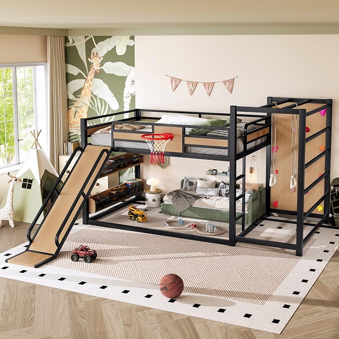 Harper & Bright Designs Full Size Metal Bunk Bed with Slide & Built-in Bookshelve & Basketball Hoop & Climbing Wall for Bedroom, Yellow+Black