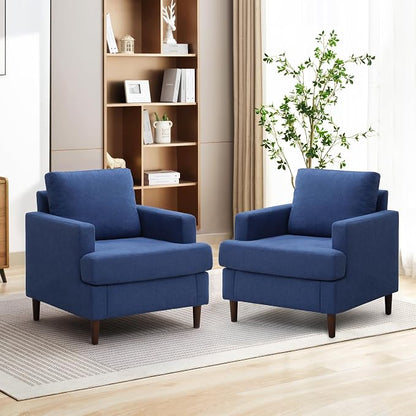 Weture Mid-Century Accent Chair,Modern Linen Fabric Armchair for Living Room,Comfy Upholstered Reading Accent Chairs for Bedroom,Single Sofa Chair with Wood Legs (Blue, 2 Pack)