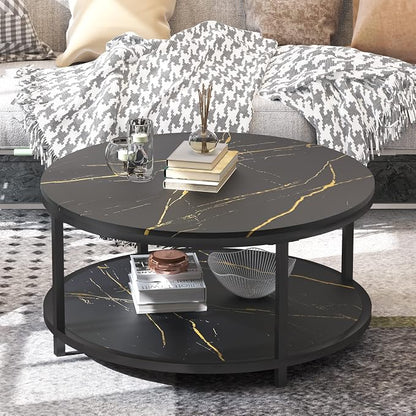 WiberWi Round Coffee Table Black Coffee Tables for Living Room 35.8" Faux Marble Top Circle Table Furniture Sturdy Metal Frame Legs Cocktail Table with Storage Open Shelf