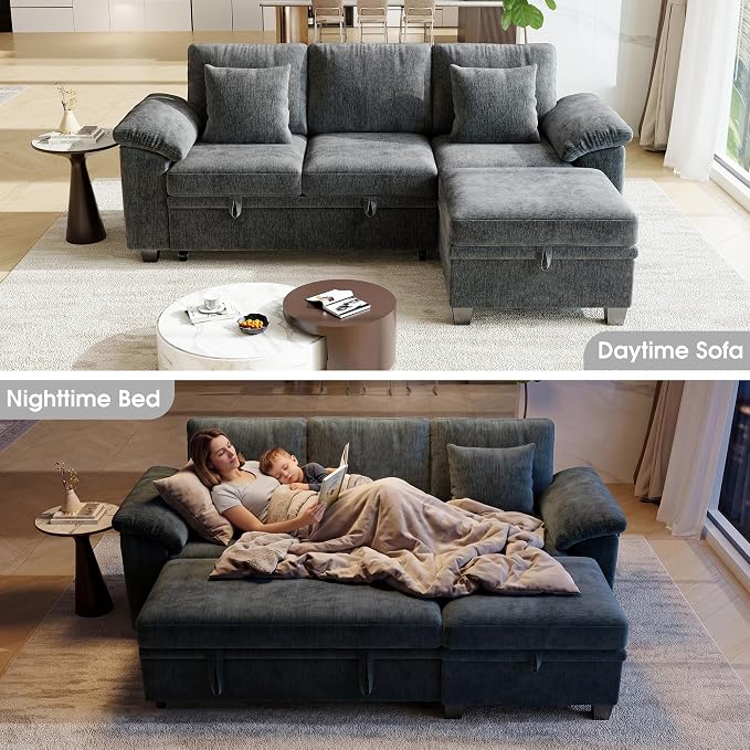 86" Modular Sectional Sleeper Sofa Bed, L Shaped 4 Seat Pull Out Couch with Storage Ottoman, Convertible Cloud Couch Bed, Sectional Couches for Living Room, Apartment (Gray)