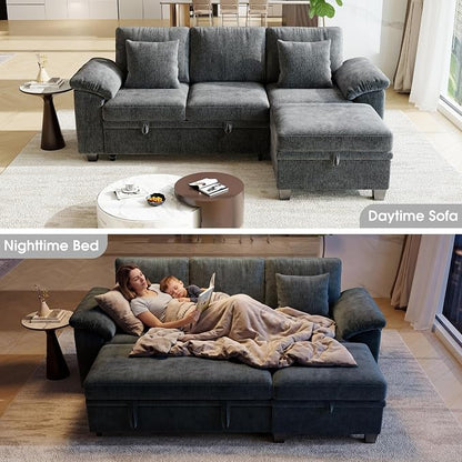 86" Modular Sectional Sleeper Sofa Bed, L Shaped 4 Seat Pull Out Couch with Storage Ottoman, Convertible Cloud Couch Bed, Sectional Couches for Living Room, Apartment (Gray)
