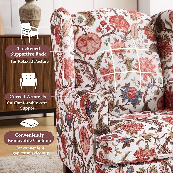EROMMY Floral Accent Chair, Comfortable High Back Upholstered Armchair with Solid Wood Legs, Leisure Single Sofa Chair for Living Room, Bedroom, Home Office, Red Floral