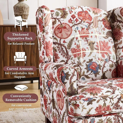 EROMMY Floral Accent Chair, Comfortable High Back Upholstered Armchair with Solid Wood Legs, Leisure Single Sofa Chair for Living Room, Bedroom, Home Office, Red Floral