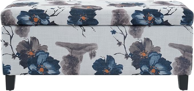 Christopher Knight Home Nesbit Living Room Ottoman with Storage, Entryway Fabric Upholstered Storage Ottoman Bench, Rectangular Sofa Foot Stool, Bedroom End of Bed Bench, Blue Flower+White