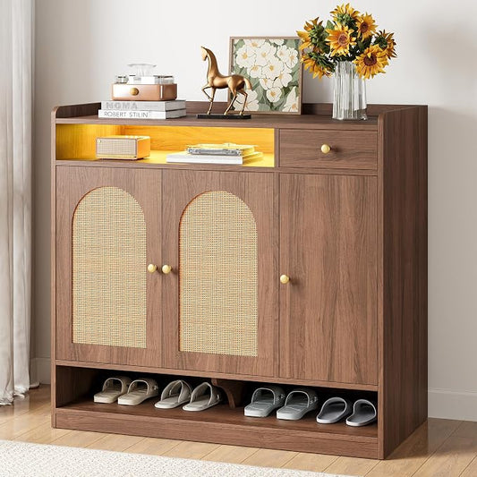 LIKIMIO Rattan Shoe Storage Cabinet, 30 Pairs 6-Tier Shoe Cabinet Storage for Entryway with LED Light, Drawer & Doors, Adjustable Shelves, Shoe Rack Organizer for Hallway, Living Room, Walnut