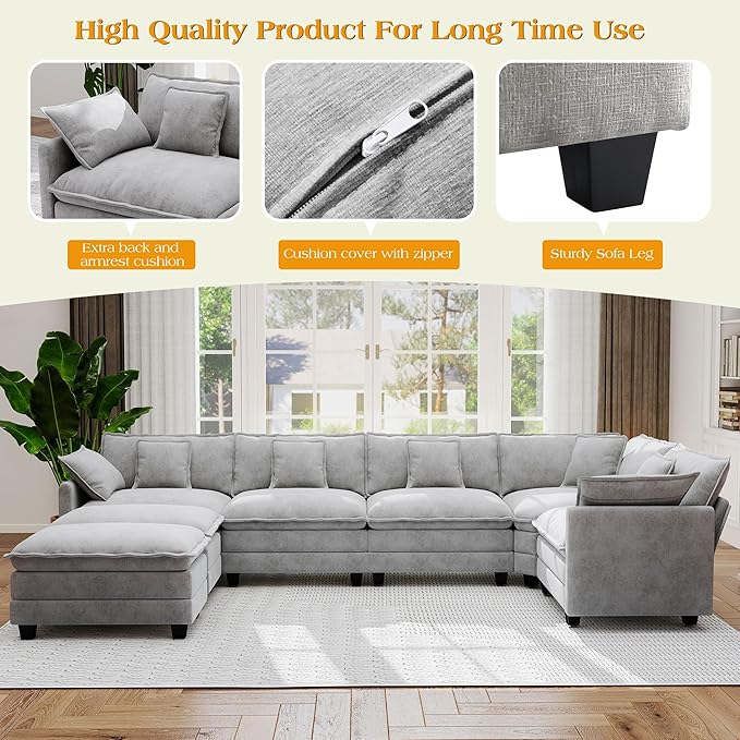 113.8" Modular Sectional Sofa,Cloud Couch for Living Room,Modern Deep Seat Sofa 5 Seater Chenille Fabric Comfy L Shaped Couches with Throw Pillows & Movable Ottoman for Apartment