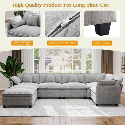113.8" Modular Sectional Sofa,Cloud Couch for Living Room,Modern Deep Seat Sofa 5 Seater Chenille Fabric Comfy L Shaped Couches with Throw Pillows & Movable Ottoman for Apartment