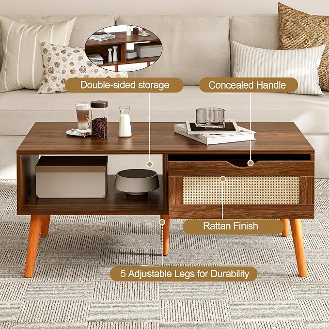ZttRiee Rattan Coffee Table with Drawer, Mid-Century, Walnut | 39.4"L x 19.7"W x 16.9"H, 220 lbs capacity, 1 rattan drawer & open compartments, solid wood legs, ~30 min assembly