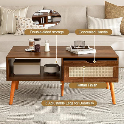 ZttRiee Rattan Coffee Table with Drawer, Mid-Century, Walnut | 39.4"L x 19.7"W x 16.9"H, 220 lbs capacity, 1 rattan drawer & open compartments, solid wood legs, ~30 min assembly