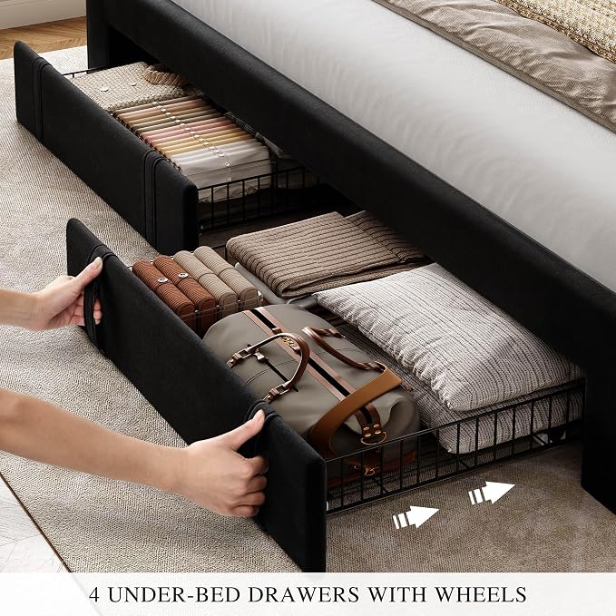 YITAHOME Queen Size Bed Frame with Adjustable Headboard, 4 Storage Drawers and RGB LED Lights, Velvet Upholstered Platform Bed with USB Ports, No Box Spring Needed, Fast Assembly, Noise-Free, Black