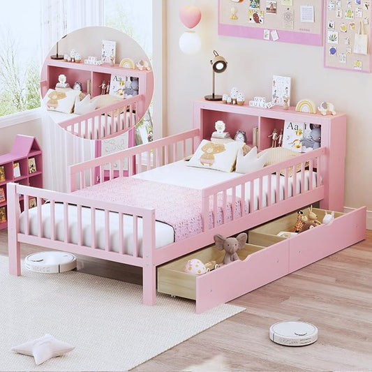 Kids Twin Size Bed Frame with Storage Drawers and Bookcase,Wood Twin Bed Frames for Kids,Twin Bed Frame with Headboard and Footboard for Boys Girls,No Box Spring Needed,Pink