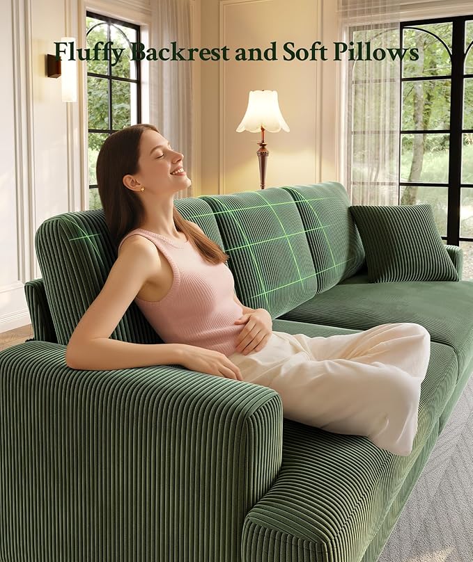 Welzona 87.2" Couches for Living Room, Comfy L Shaped Couch Green 7.5" Thicker Cushion, Sofas for Living Room Tool-Free Setup, Loveseat with Ottoman 848lbs Support, Corduroy Couch for Bedroom, Office