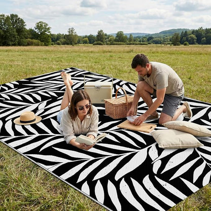 Smiry Outdoor Rug 5x8 ft, Waterproof Reversible Plastic Straw Rugs, Outdoor Area Rug with Leaf Pattern, Outside Floor Mat for Patio, Backyard, Deck, Picnic, Beach, Camping, Black & White