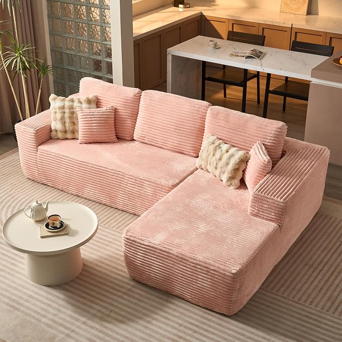 ovios 104" Cloud Boneless Couch with L-Shape Chaise,Modern Sectional Modular Sofa with Deep Seat, Upholstered Couches for Living Room Bedroom,No Assembly Required, Pink (Plush Corduroy Fabric)