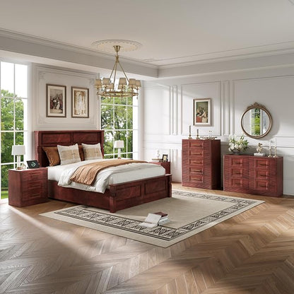 RECHHX Farmhouse 5 Drawers Dresser for Bedroom, 44" Tall Modern Chest of Drawers, Wooden Thermoformed Curved Dresser Organizer for Bedroom, Living Room, Walnut Cherry