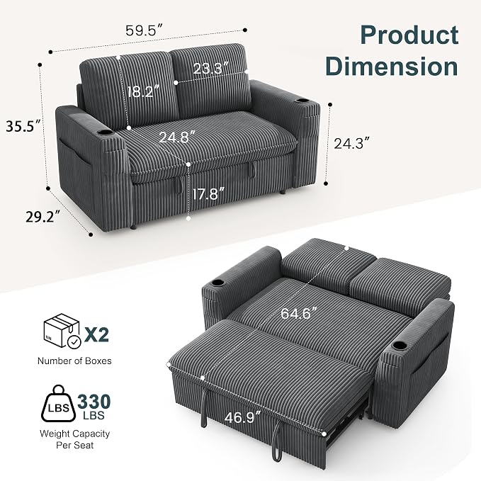Sleeper Sofa with Pull Out Bed, Plush Corduroy Convertible Sofa Bed with Adjustable Backrest and Cup Holders, Loveseat Sleeper Couches for Living Room, Apartment, Light Grey