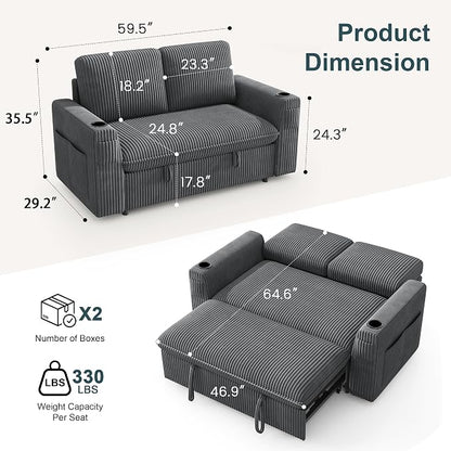 Sleeper Sofa with Pull Out Bed, Plush Corduroy Convertible Sofa Bed with Adjustable Backrest and Cup Holders, Loveseat Sleeper Couches for Living Room, Apartment, Light Grey