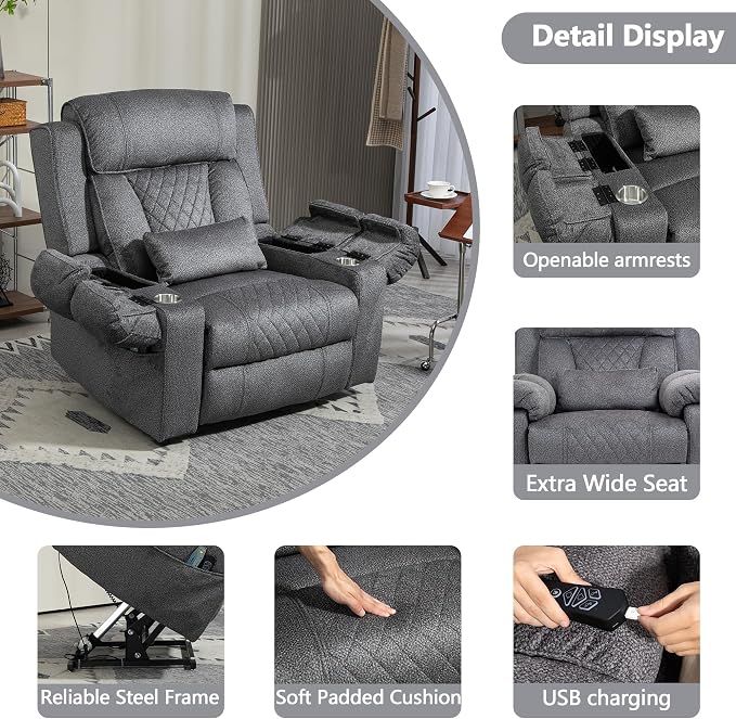 FUNECORP Big Man Power Lay Flat Lift Chair Oversized Recliner Dual Motor Heat Vibration for Elderly, Overstuffed Electric 28" Extra Wide Recliners with Flip Arm Storage Cup Holders,USB Type C Charging