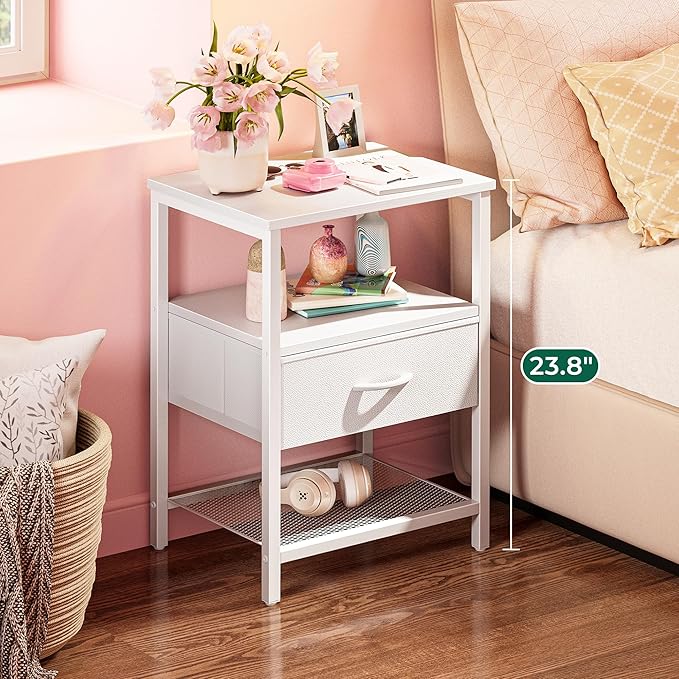 Huuger Night Stand with Fabric Drawer, Side Table with Mesh Shelf, Bedroom Nightstand, Fabric Drawer Dresser, Open Shelf, Metal Frame, Couch Side, White
