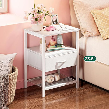 Huuger Night Stand with Fabric Drawer, Side Table with Mesh Shelf, Bedroom Nightstand, Fabric Drawer Dresser, Open Shelf, Metal Frame, Couch Side, White