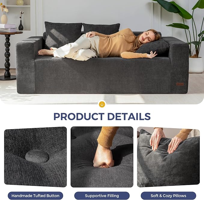 MAXYOYO Modular Sofa Couch, 75" Oversized Loveseat Boneless Cloud Couch with Deep Seat, Chenille Upholstered Living Room Comfy Sofa Chair for Living Room, No Assembly Required, Dark Grey