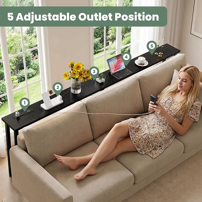 GRLEAF 78" Sofa Table with Built-in Power Strip (2 AC Outlets & 2 USB Ports) – 4.9ft Power Cord, Metal Frame, Easy Assembly, Long Couch Table Behind Sofa, Hallway, Living Room and Home Office | Black
