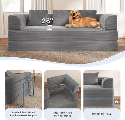 89" Cloud Boneless Convertible Sofa Bed, 5-in-1 Foldable Compressed High-Density Sponge Sofa, Corduroy Fabric 3 Seater Sleeper Couch Futon Daybed for Living Room Bedroom (Medium Gray)
