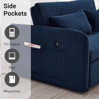 55.5" Corduroy Convertible Sofa Bed, Pull Out Sleeper Sofa Bed, Loveseat Couch with USB Charging Ports, 3 in 1 Convertible Sleeper Sofa Bed for Living Room, Apartment, Bedroom, RV, Blue