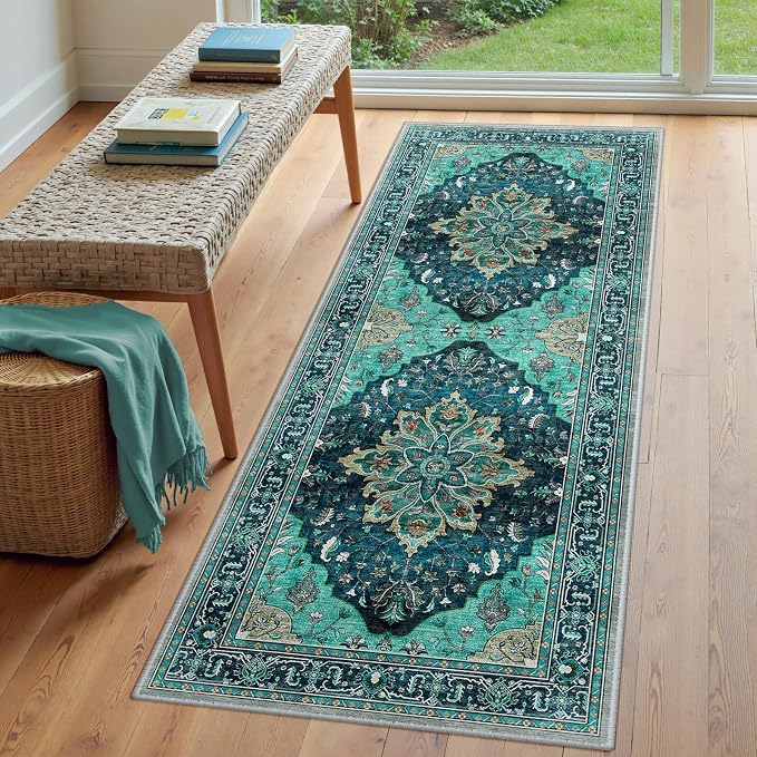 RELEANY Area Rugs Runner 3'x7' Washable Non-Slip, Floral Vintage Distress Medallion Carpet for Kitchen Hallway Bedroom Beside Laundry Room Bathroom, Teal Green Lake Blue Turquoise