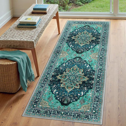 RELEANY Area Rugs Runner 3'x7' Washable Non-Slip, Floral Vintage Distress Medallion Carpet for Kitchen Hallway Bedroom Beside Laundry Room Bathroom, Teal Green Lake Blue Turquoise