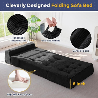 MAXYOYO 8" Folding Sofa Bed, Fold Out Chair Bed, Convertible Floor Sofa Couch, High-Density Foam Tufted Lounge Couch for Living Room Bedroom Dorm, Single, Black