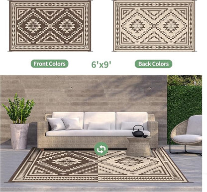 GENIMO Outdoor Rug for Patio Clearance - 6x9 ft Waterproof Plastic Camping Rugs, Reversible Outside Rv Mat Carpet for Porch, Deck, Picnic, Balcony, Beach, Backyard, Coffee Beige
