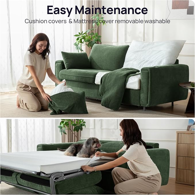 Pull Out Sofa Bed, No Cushion Removal, Queen Sleeper Sofa with USB Fast Charging, Memory Form Mattress, 2-in-1 Convertible Comfy Loveseat Couch Bed for RV, Apartment, and Small Spaces (Green)