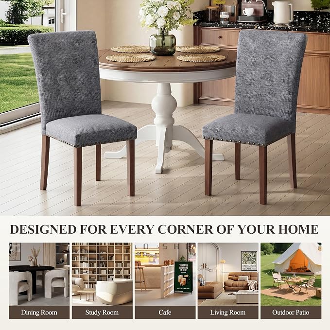 MALOL Dining Chairs Set of 2, High Back Dining Chair with Wood Legs and Nailhead Trim, Modern Padded Kitchen Room Chairs for Dining Room/Restaurant, Grey