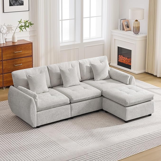 84" L Shaped Modular Sectional Cloud Sofa with Ottoman, Deep Seat Tufted Chenille 4-Seater Couch with Curved Arms, Light Grey