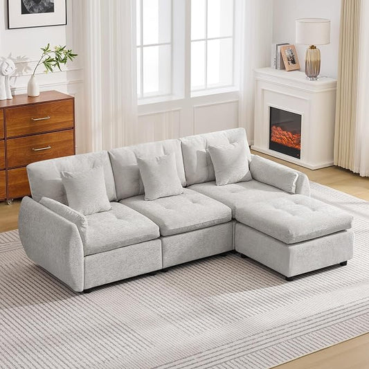 84" L Shaped Modular Sectional Cloud Sofa with Ottoman, Deep Seat Tufted Chenille 4-Seater Couch with Curved Arms, Light Grey
