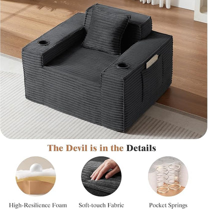 3 pcs Boneless Living Room Couch Set, Boneless Sofa Couches with Cup Holder for Compact Living Rooms, Apartments (Deep Gray, Single Chair + Loveseat+ 3 Seat Sofa)