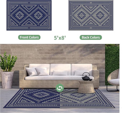 GENIMO Outdoor Rug for Patio Clearance - 5x8 ft Waterproof Plastic Camping Rugs, Reversible Outside Rv Mat Carpet for Porch, Deck, Picnic, Balcony, Beach, Backyard, Blue Grey