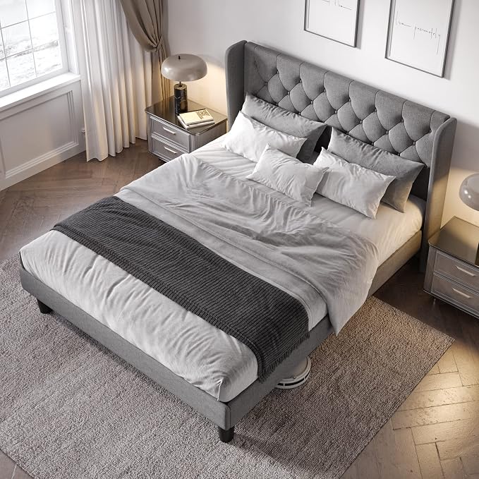 Allewie Full Size Bed Frame with Button Tufted Wingback Headboard, Modern Fabric Upholstered Platform Bed Frame with Strong Wood Slat Support, No Box Spring Needed, Easy Assembly, Light Grey