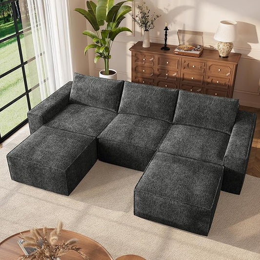 Vesgantti 114" Boneless Modular Sectional Sofa, Modern U Shaped 5 Seater Couch with 2 Ottoman & Deep Seat, Convertible Chenille Cloud Couches for Living Room, No Assembly Required, Dark Grey