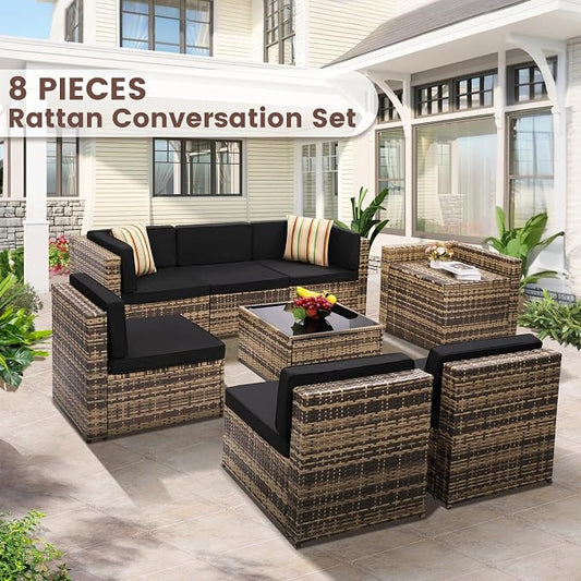 KROFEM 8-Piece Patio Furniture Set, Outdoor Wicker Rattan Sectional with Thick Cushions, Glass Top Table with Hidden Storage, Outdoor Conversation Set for Backyard, Porch, Patio, Black