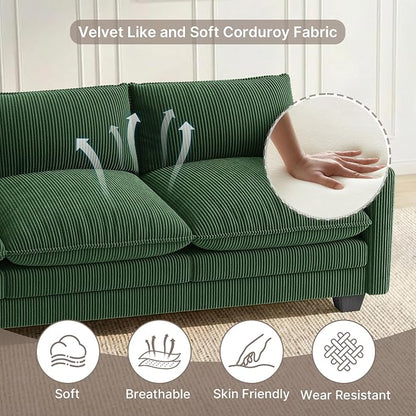 Gizoon 110'' Oversized L Shaped Couch for Living Room, Cloud Couches with Washable Corduroy Cover, Modern 4-Seater Comfy Deep-Seat Sofa with Movable Ottoman and 2 Throw Pillows for Apartment, Green