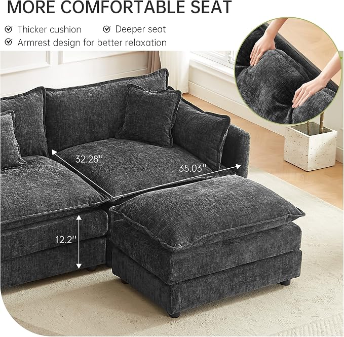 Modular Sectional Sofa, 112.2 Inch U Shaped Couch Set with Armrests, 3-Seater Comfy Cloud Couches with Movable Ottoman for Living Room Apartment, Grey