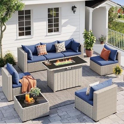 UDPATIO Patio Furniture Set with Fire Pit Table, 8 Pcs Outdoor Sectional Sofa, PE Wicker Patio Conversation Set for Garden, Backyard (Blue Cushions with Light Grey Rattan)