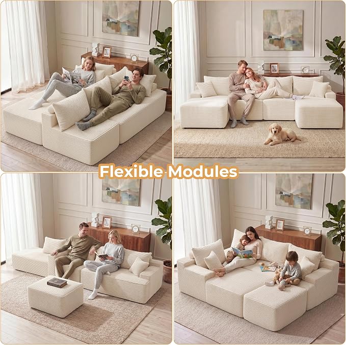 Mangodan 118'' Cloud Sectional Couch, U Shaped Boneless Couches for Living Room, Modular Sectional Sofa with Deep Seat Light Facing Chaise, Comfy Cloud Couch Sofa, Beige