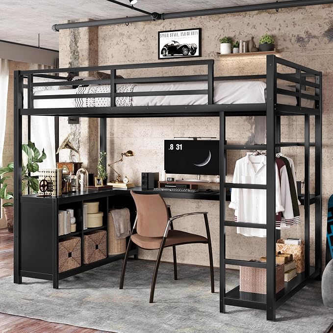 Bellemave Twin XL Size loft Bed with L Desk, Wardrobe, Metal Twin XL Loft Bed Frame for Adults, Kids, Teens, Black