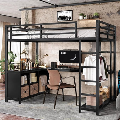 Bellemave Twin XL Size loft Bed with L Desk, Wardrobe, Metal Twin XL Loft Bed Frame for Adults, Kids, Teens, Black