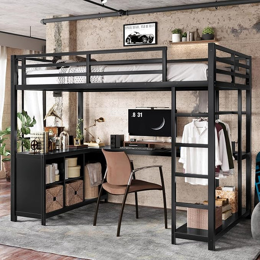 Bellemave Twin XL Size loft Bed with L Desk, Wardrobe, Metal Twin XL Loft Bed Frame for Adults, Kids, Teens, Black